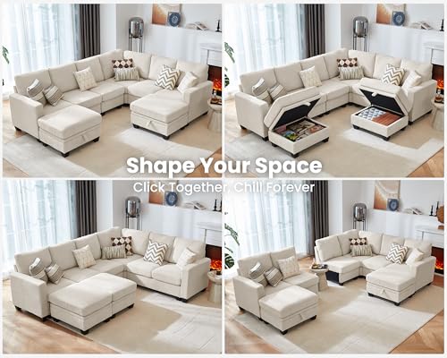 Image of CHIC HOUSE Modular Corner Sectional Sofa with Storage Ottoman, Corduroy L-Shaped Couch, Compact Small Space Furniture for Living Room & Apartment, (Beige, 8 Seater L-Shaped)