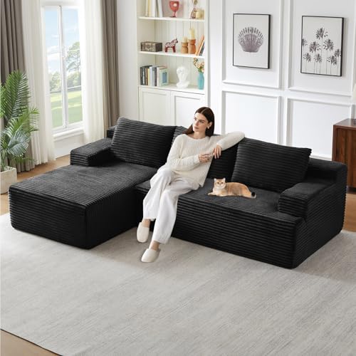 Image of 96 inch Modular Sectional Sofa, Modern Corduroy Cloud Couch with Side Pockets, Boneless Couch Upholstered 3-Seater L-Shaped Sofa for Living Room, No Assembly Required (Black, Left-Facing Chaise)