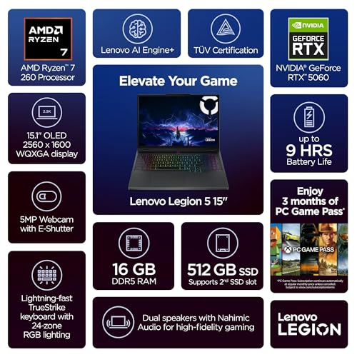 Legion 5 15" WQXGA OLED 165Hz Gaming Laptop, NVIDIA GeForce RTX 5060 8GB GDDR7, AMD Ryzen 7-260 (>Intel i9-13905H), WiFi 7, RGB retroilluminato, Win11 PRO, W/128GB PSD (16GB|512GB SSD) - Notebook - Immagine 2