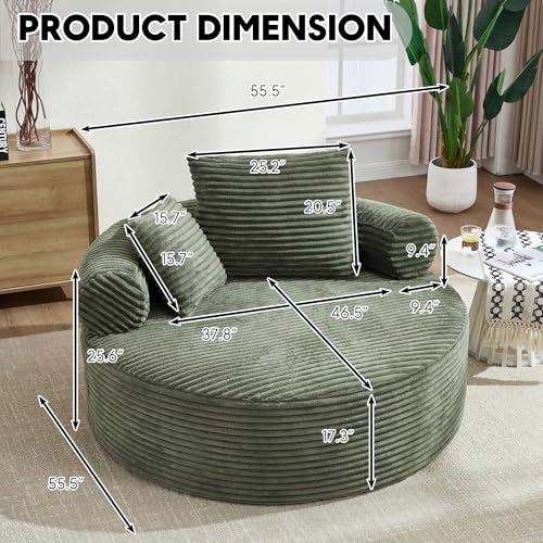 Image of Oversized Round Chair Lounge Chaise Indoor, 55.5 inch Upholstered Corduroy Deep Seat Single Cloud Sofa Chair, Fluffy Modern Large Circle Boneless Sleeper Sofa for Living Room, Bedroom, Green