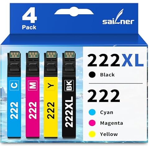 SAILNER 222XL Ink Cartridges Combo Pack Replacement for Epson 222 Ink Cartridges Combo Pack T222 for Epson XP-5200 Printer Ink Cartridges Workforce WF-2960 Ink Cartridges Printer Ink 222 XL (4 Pack) Cover