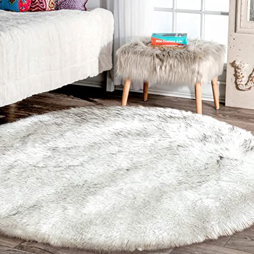 Circle Rug White and Grey Tips Small Round Rugs 3ft Area Rug Faux Sheepskin  Fur Rug Washable Fluffy Rug Fuzzy Throw Rug for Living Room Bedroom Cute