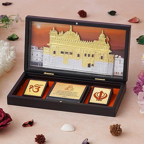Image of 24K Gold Plated Religious Frame Rectangular Photo Frame Tabletop with Charan Paduka Return Gifts for Home Puja Office (GOLDEN TEMPALE), 8.25 x 4.5 Inch