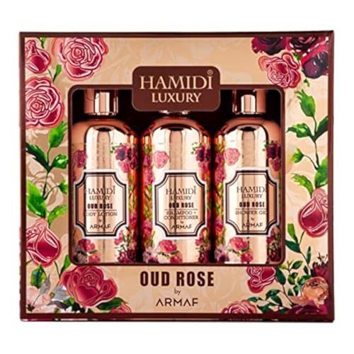 Hamidi Luxury Oud Rose by Armaf, 3 Pieces Gift Set For Men & Women, Shower Gel 95ml, Body Lotion 95ml, Shampoo & Conditioner 2 in 1 95ml | Alcohol Free | Hair & Skin Care Product | Daily Care
