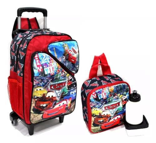 Mochila Carros Relâmpago Mcqueen Rodinhas Tam G + Lancheira