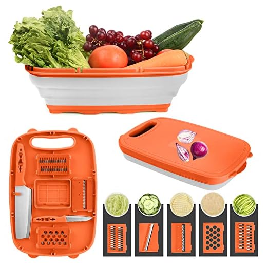 Gintan Tabla de Cortar Multifunción 9 en 1 Tabla Cortar Cocina Canasta de Drenaje Plegable con 5 Piezas Rebanador de Verdura Cesta de Almacenamiento(Naranja y Blanco)