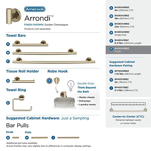 Image of Amerock Arrondi Single Prong Golden Champagne Wall-Mounted Hook | Decorative wall hook in durable stainless steel construction for coats, hats, bags, towels, and everyday organization
