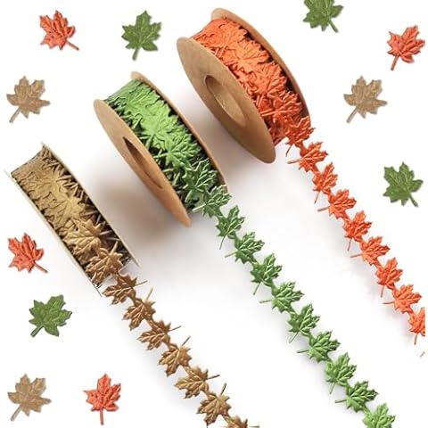 Threetols 3 Rolls Autumn Maple Leaf Ribbons Cover