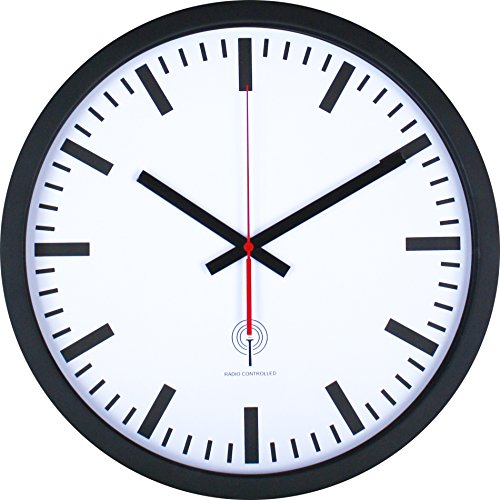 Eurotime Funkwanduhr, Schrittsekunde, 40 cm, Edelstahlgehäuse Schwarz, Echtglas, Bahnhofszifferblatt, Automatische Zeitein- und Zeitumstellung, Wanduhr für Wohnbereich oder Büro, 56862-05