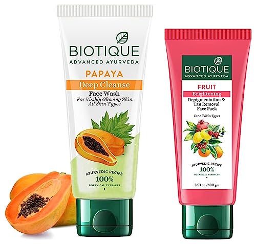 Image of Biotique Papaya Deep Cleanse Face Wash For Visibly Glowing Skin All Skin Types, 150ml & Biotique Fruit Brightening Depigmentation & Tan Removal Face Pack, 100ml
