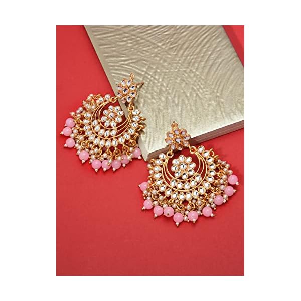 Zaveri Pearls Gold Tone Traditional Kundan & Pink Beads Chandbali Earring For Women-ZPFK8663 - Image 6