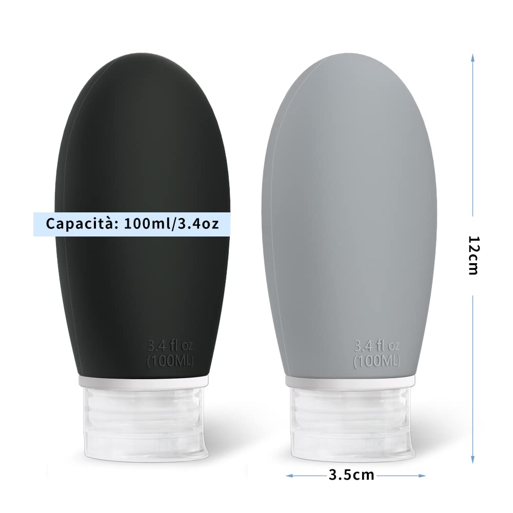 Opret Bottiglie da Viaggio 100ml in Silicone, 3 Pezzi Kit Contenitori da Viaggio Flaconi con Custodia per Shampoo, Liquidi and Lozione, Nessun BPA