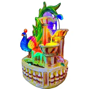 ALILA Peacock Bird Water Fall Fountain with LED Lights Home Decor Decoration Table Top Indoor Outdoor Gift Gifting Items, 15inches / 38cm