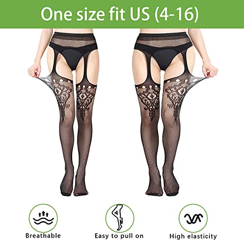 Image of Women's High Waist Fishnet Tights Suspenders Pantyhose Thigh High Stockings Black