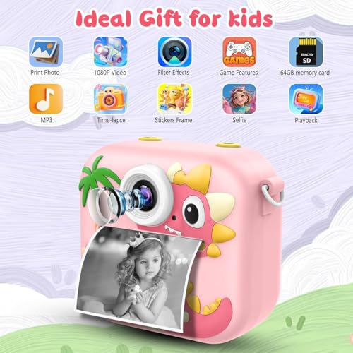 Image of Kids Camera Instant Print, 64GB 1080P Dual-Lens Selfie Instant Cameras Video, 48MP Birthday Gifts Instant Print Camera for Kids with Print Paper,Gift for Girls Age 3 4 5 6 7 8 9 10 11 Toddler Toy