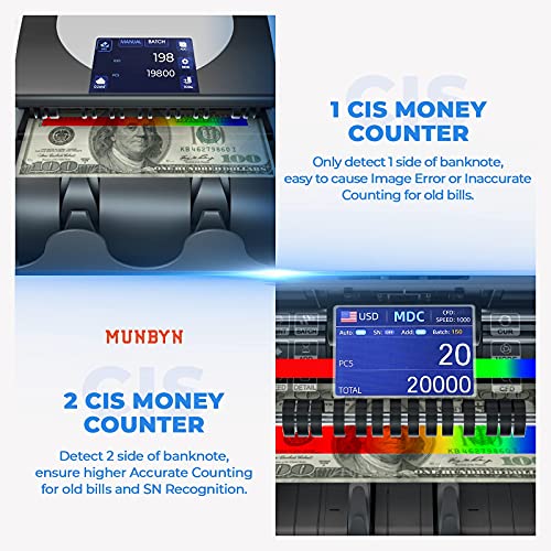 Image of MUNBYN IMC01 Bank Grade Money Counter Machine Mixed Denomination, 2CIS /UV /IR /MG /MT Counterfeit Detection, Serial Number, MUL Currency Cash Counter, Printer Compatible Bill Value Counter (Black)