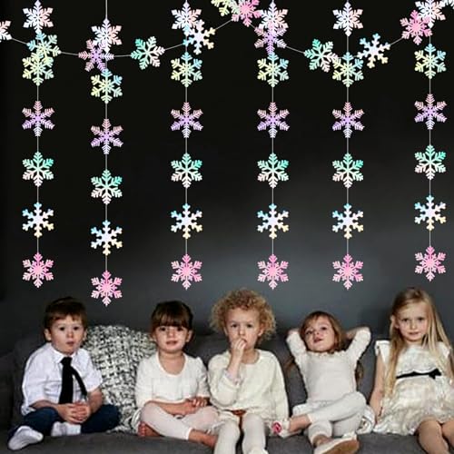 Image of Iridescent-Holographic Snowflake-Snow Christmas Party-Decorations Garland - 6pcs Winter Girl Frozen Birthday New Year Hanging Decoration Streamers Banner, Wonderland Party Supplies Decor Panduola
