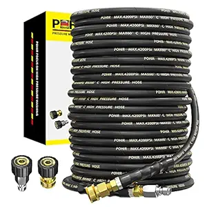POHIR Power Washer Hose 100FT 3/8'' High Tensile Wire Braided Car Wash Water Hose, with 2 Quick Connect Kits Compatible M22 14 mm, 1/4 Inch Hose for Pressure Washer, 4200 PSI