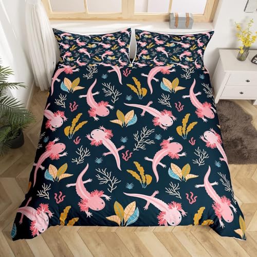 Erosebridal Cartoon Axolotl Comforter Cover for Kids Boys Girls,Kawaii Axolotl Duvet Cover King,Cute Reptiles Fish Sea Weed Bedspread Cover Bedroom Decor Coastal Ocean Bedding Set Zipper Closure