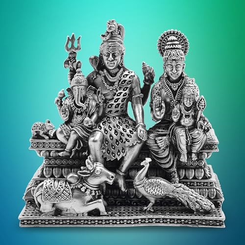 Image of MAA SILVER Pure Silver Shiva Parvati Ganesha Kartikeya Semi-Solid Idol | Shiv Parivar Murti with Antique Oxidized Finish Perfect for Pooja /Puja & Gifting Use (925 Purity)(253 Grams)