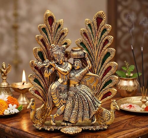 Image of KridayKraft Radha Krishna Metal Statue with Diya for Pooja, Peacock Design Decor Your Home,Office,Religious Showpiece Figurines,God Idol Gift Article...