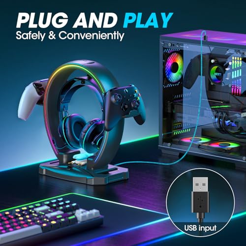 KDD RGB Headphone & Controller Stand with 9 Light Modes - Foldable Controller Hanger for Desk - Earphone Stand with Cable Organizer - for Gamers Desktop Accessories - Image 3