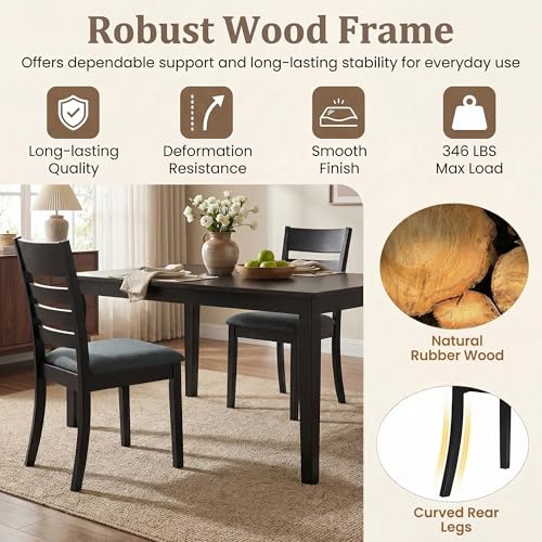 Image of COSTWAY Wooden Dining Chairs Set of 2, Solid Rubberwood Frame Kitchen Side Chairs w /Upholstered Padded Seat & High Slat Back, Mid-Century Modern Dining Chair for Dining Room Kitchen (Black)