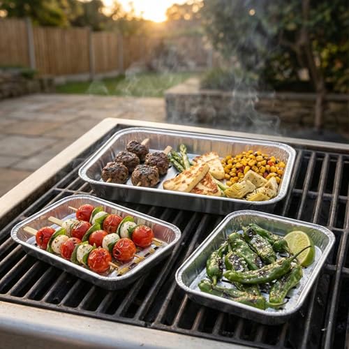 Chef Aid Aluminium Grill Schalen Set mit 10 kleinen Grill Schalen 10x14 und 14x21 cm Perforiert für gleichmäßige Hitzeverteilung für Fleisch Fisch Gemüse und Beilagen