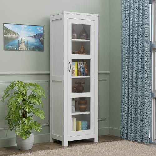 Image of Solid Sheesham Wood Deco White Book Shelf, Showcase Glass Door Crockery Storage Unit Or Bookcase, 6-Shelf Wooden Book Rack, Display Cabinet Furniture for Home, Kitchen & Library Areas