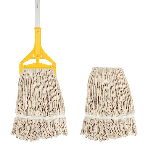 Image of WOPPLXY Looped-End String Wet Cotton Mops, Heavy Duty Industrial Commercial Mop with Extra Mop Head Replacement, 75 Inch Aluminium Alloy Pole, Wet Mop for Floor Cleaning