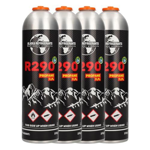 Alaska Refrigerants R290 Propan Kältemittel Schwarz 370g/750ml für Klimaanlage und Wärmepumpe Modell AlaskaR290 mit Entnahmeventil x4