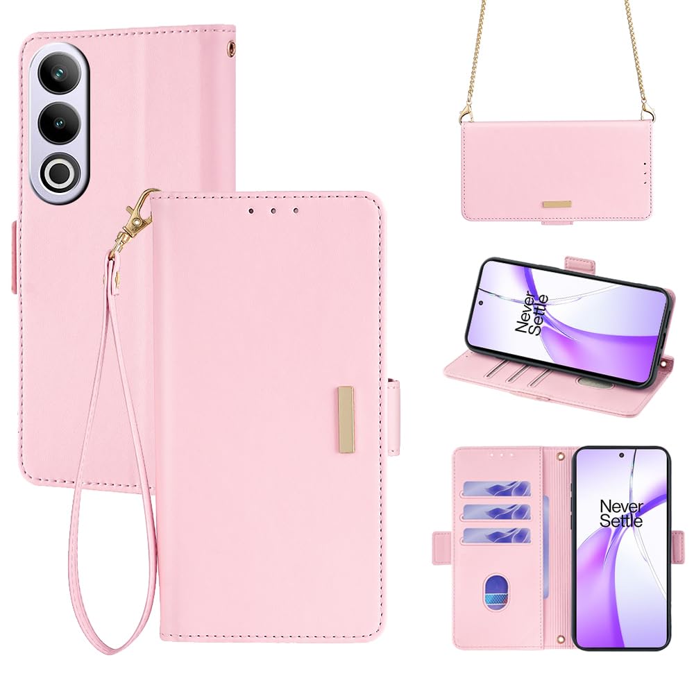 BRAND SETCase for OnePlus Ace 3V,OnePlus Ace 3V Holster with Card Pocket & Kickstand Shockproof PU Leather Wallet & Chain Cover for OnePlus Ace 3V-Pink