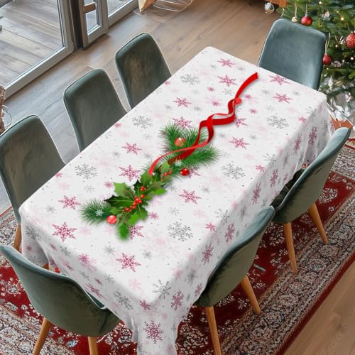 Image of Labeol 3 Pack Christmas Tablecloth, 108 x 54 inch Pink Snowflake Tablecloth for Table Decorations, Waterproof Disposable Plastic Rectangle Table Cover for Christmas Winter Holiday Party Supplies
