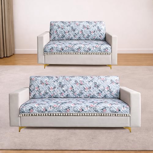 Image of Homerz Premium Printed Quilted Velvet Sofa Slip Cover Protector with Tassels, Sofa Mat, Exact Size, Antislip Cover (Grey Autumn, 5 (3+2) Seater, Full)