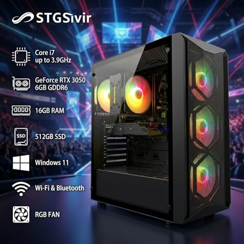 STGsivir Gaming PC, Gaming Computer Desktop Tower, GeForce RTX 3050 6GB GDDR6, Core i7 up to 3.9GHz,16GB RAM DDR, 512GB SSD, WIFI 6, BT 5.0, RGB Fan x3, Windows11 PRO - Image 3