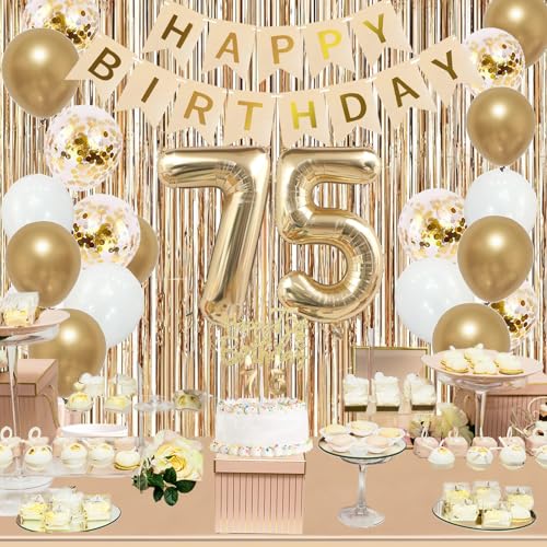 Image of Trgowaul 75th Birthday Decorations for Women, Banner, Sash and Crown, Cake Topper, 75 Number Balloon, Fringe Curtains, Champagne Gold 75th Birthday Party Supplies