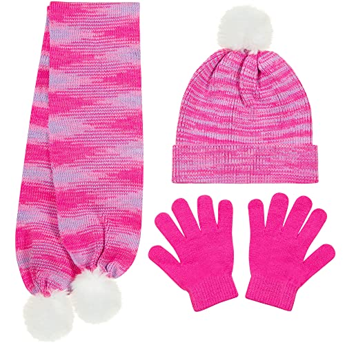 PEAK 2 PEAK Girls 3-Piece Beanie Hat, Scarf & Glove Set – Warm Winter Matching Accessories with Pom-Poms