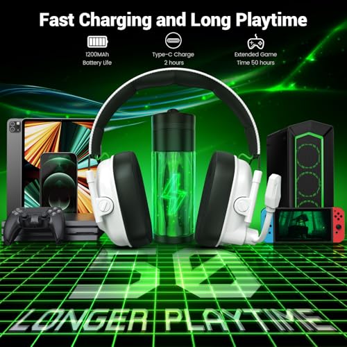 Image of Wireless Gaming Headset with Noise Canceling Mic for Xbox Series X|S, Xbox One, PC, PS5, PS4, Mac, Switch, 2.4 GHz Wireless & Bluetooth 5.4 Gaming Headphones, 50Hr Battery, 50mm Drivers(White)