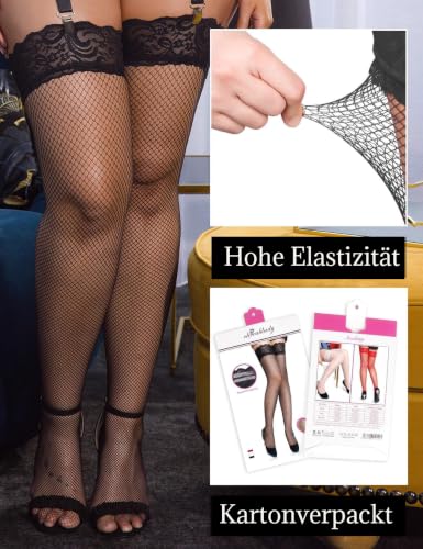 ohyeahlady Halterlose Strümpfe für Damen xxl Sexy Spizten Fischnetz Stockings Große Größen Strapsstrümpfe für Strumpfhalter Lange Overknee Strümpfe Oberschenkel Transparent Hold Up(Schwarz,L-XXL)