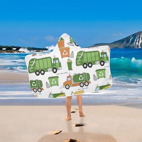 Image of Kids Beach Towel for Boys Girls, Construction Garbage Trucks Street Bath Towel Wrap, Baby Hooded Towels, Toddler Soft Pool Swim Towels