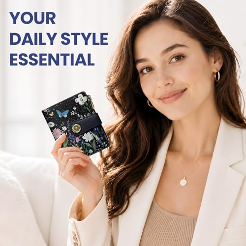 Image of Small Wallet for Women, RFID Blocking Bifold Card Holder Wallet with 10 Card Slots, Cash Compartment, Zipper Coin Pocket & ID Window, Cute Soft Vegan Leather Compact Wallet, Celestial