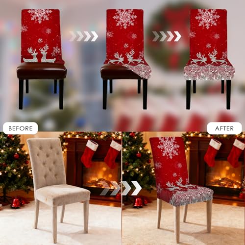 Image of Nuxovilar 6PCS Deer Snowflake Red Stretch Chair Covers 23.6x70in | Holiday Slipcover Festive Protector Snowflake Wrap Seat Guard Dining Room Family Dinner Gathering (Snowy Deer)