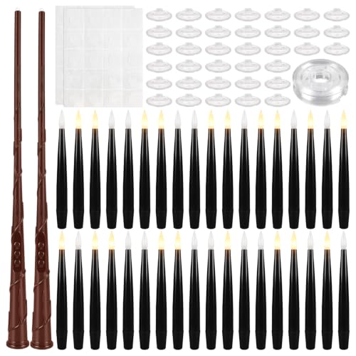 Image of Floating Candles with Magic Wand Remote, 36 PCS Black LED Taper Candles with 2 Wands, Flickering Warm Light Flameless Hanging Candles for Halloween Christmas Party Decor Indoor Outdoor
