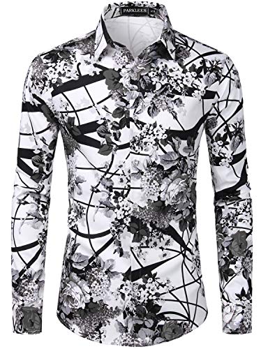PARKLEES Camisa de manga larga con botones para hombre, con estampado floral, informal, elegante, gris (105-grey), M