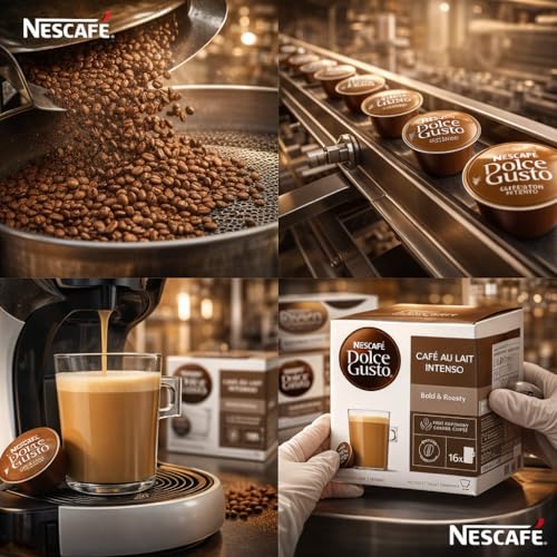 Image of Nescafe Dolce Gusto Cafe Au Lait Intenso Coffee Pods (Pack of 3),160g Box - Bold & Roasty Coffee with Creamy Milk, Premium Coffee Pods Compatible with Dolce Gusto Machines 16 Capsules Each Box, Smooth Cafe Style Beverage - (Imported-UK)