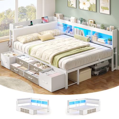 AOGLLATI Polsterbett Schlafsofa 140x200 mit Stauraum Jugendbett mit 6 Staufächern & 6 Schubladen Bett 140x200 mit LED-Beleuchtung & Ladestation,Tagesbett mit Gepolstertem Kopfteil(Weiß, 140x200cm)