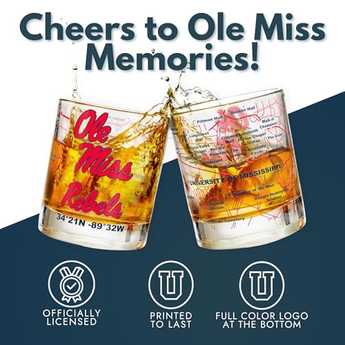 Image of Greenline Goods - University of Mississippi Rebels College Whiskey Glasses (Set of 2), 10 oz - Full-Color Logo + Campus Map