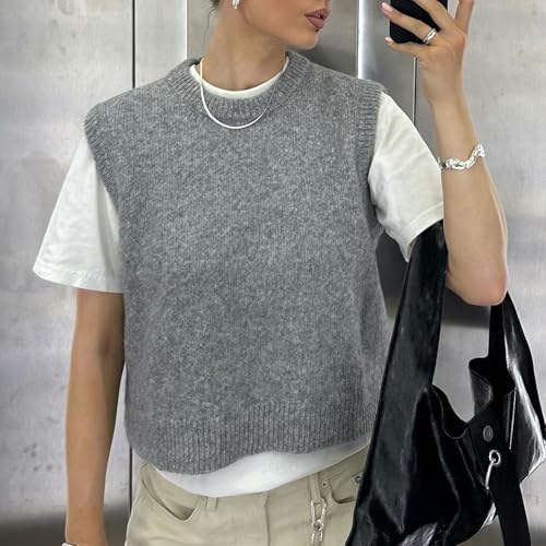Image of Miqil Women Comfy Sweater Vest Casual Sleeveless Ribbed Knit Vest Trendy Crew Neck Knitted Pullover Tank Top Streetwear