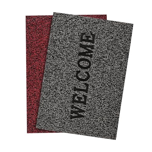 Image of Kuber Industries Pack of 2 Anti-Slip Welcome Print Grass Door Mats for Home| (16x24 Inch) Main Entrance Footmats for Bathroom, Living Room & Office | Grass Cut -Red & Grey