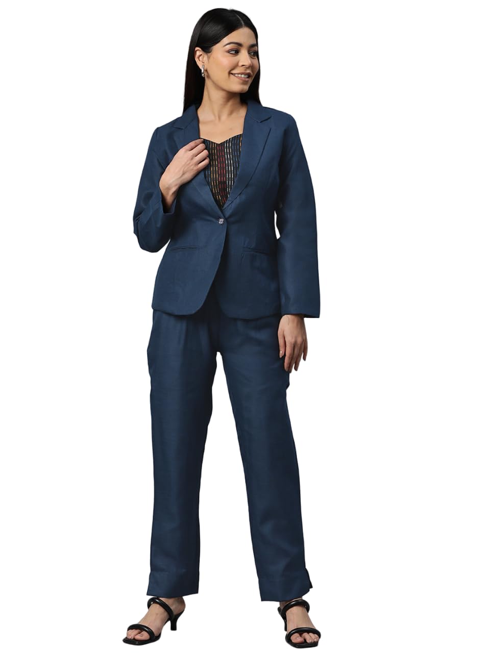 Women Embroidered Blue Top with Blazer and Trouser